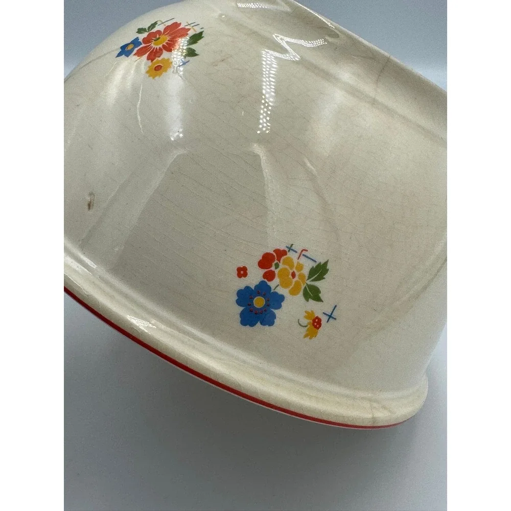 Vintage Homer Laughlin Kitchen Kraft Oven Serve‎ Floral Mixing Bowl Red Rim USA